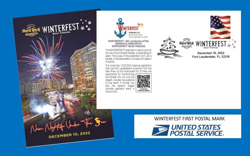 Winterfest Inc's First Postal Mark, granted in 2022, celebrating the Seminole Hard Rock Winterfest Boat Parade
