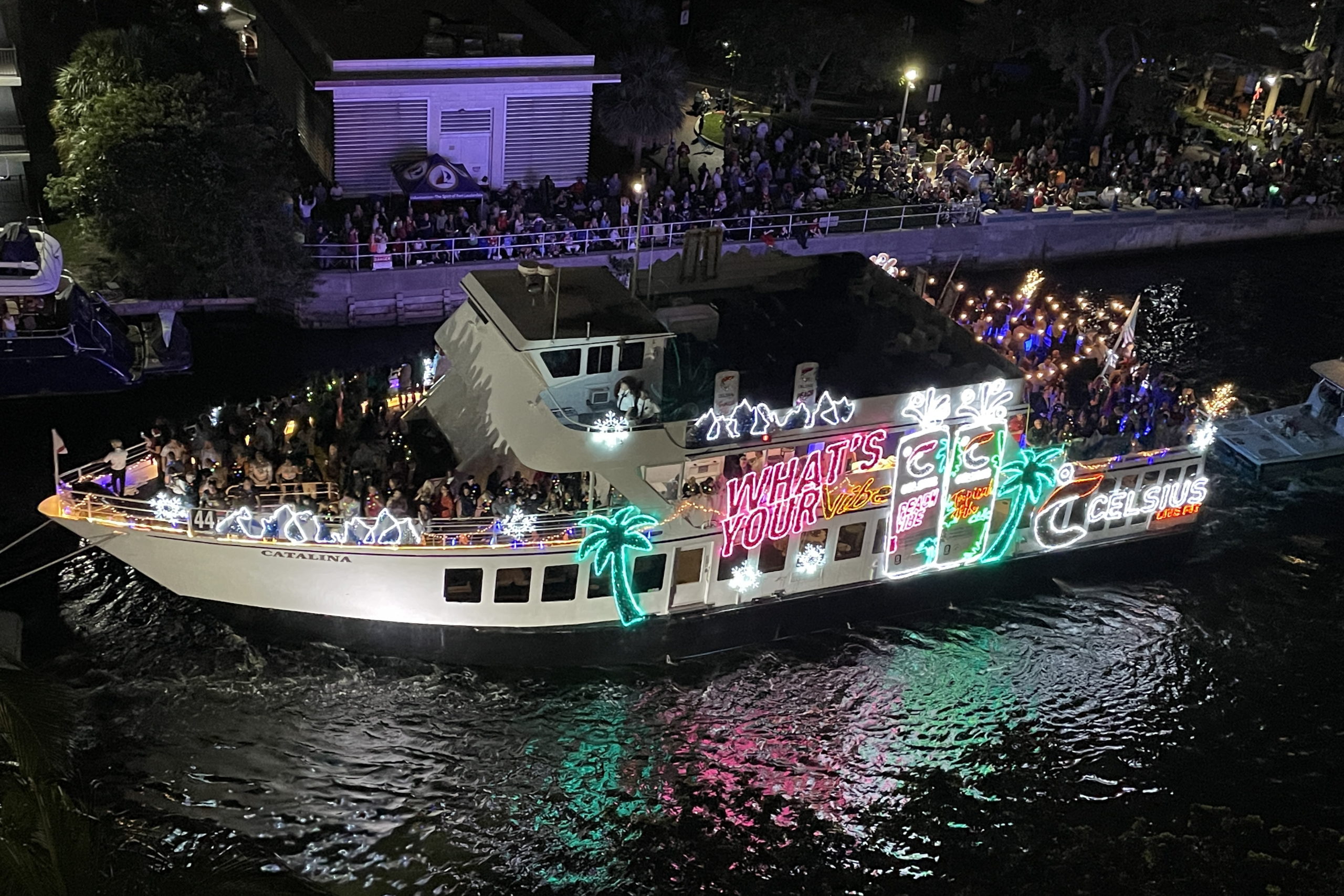 Celsius aboard Catalina, boat number 44 in the 2022 Winterfest Boat Parade