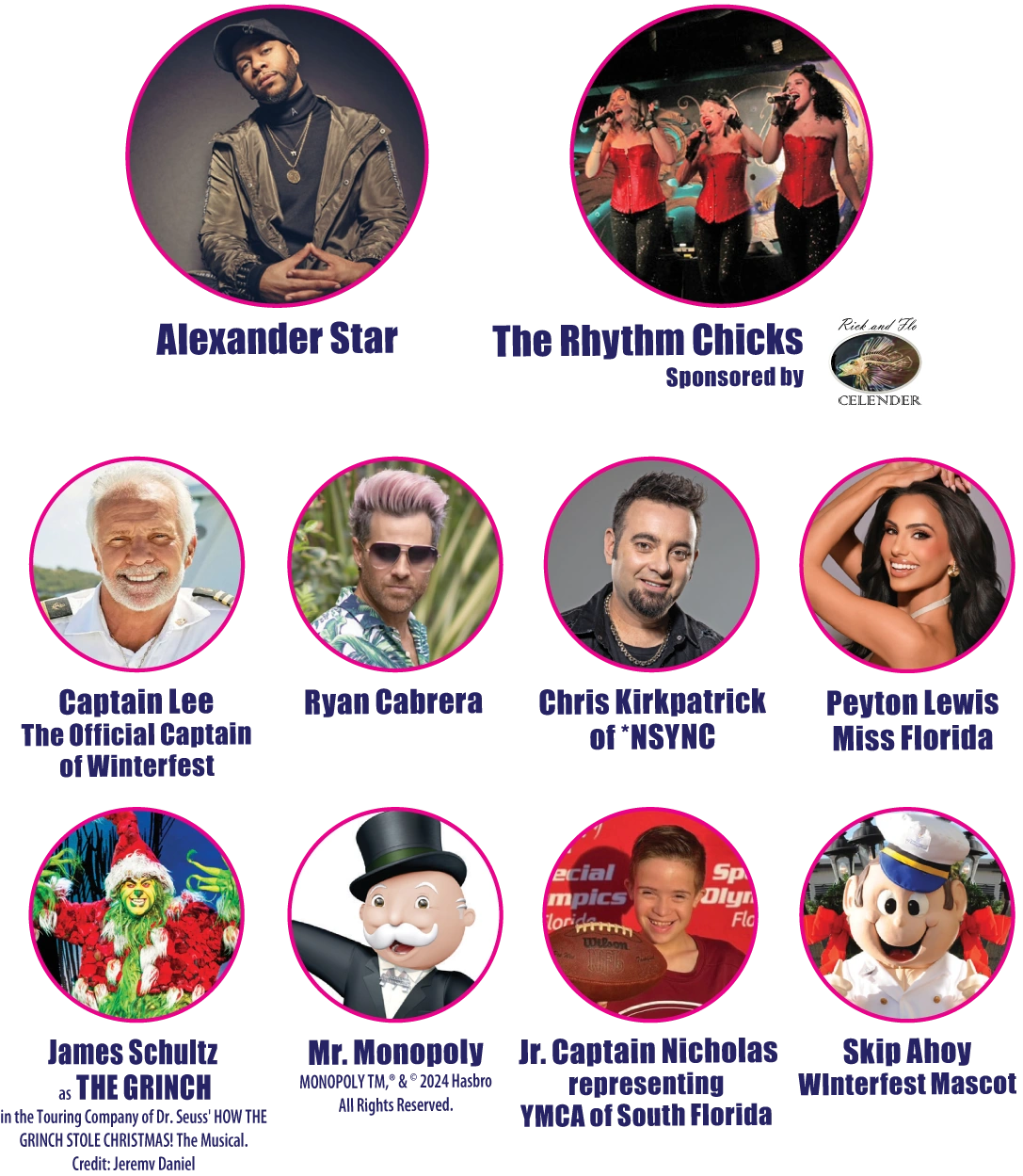 2024 Grand Marshal Reception Celebrities - Alexander Star, The Rhythm Chicks, Captain Lee, Ryan Cabrera, Chris Kirkpatrick, Peyton Lewis, James Schultz, Mr. Monopoly, Jr. Captain Nicholas, Skip Ahoy