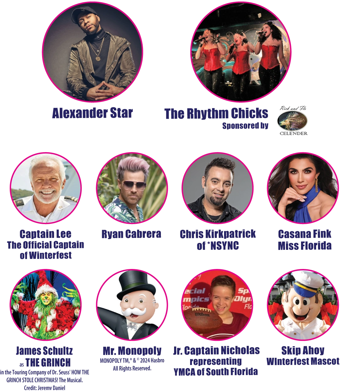 2024 Grand Marshal Reception Celebrities - Alexander Star, The Rhythm Chicks, Captain Lee, Ryan Cabrera, Chris Kirkpatrick, Casana Fink, James Schultz, Mr. Monopoly, Jr. Captain Nicholas, Skip Ahoy