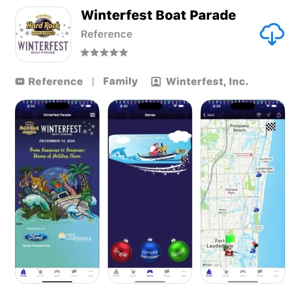 Screenshots of the Winterfest Boat Parade App available on Google Play and the Apple App Store